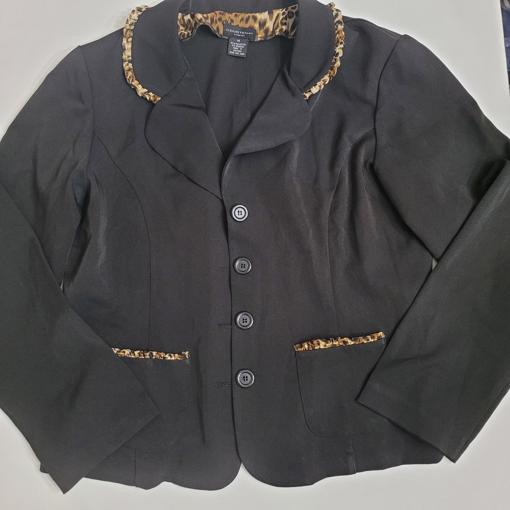 Courtenay Black Blazer Jacket Leopard Trim Buttons Women's‎ Size 14 Suit Jacket